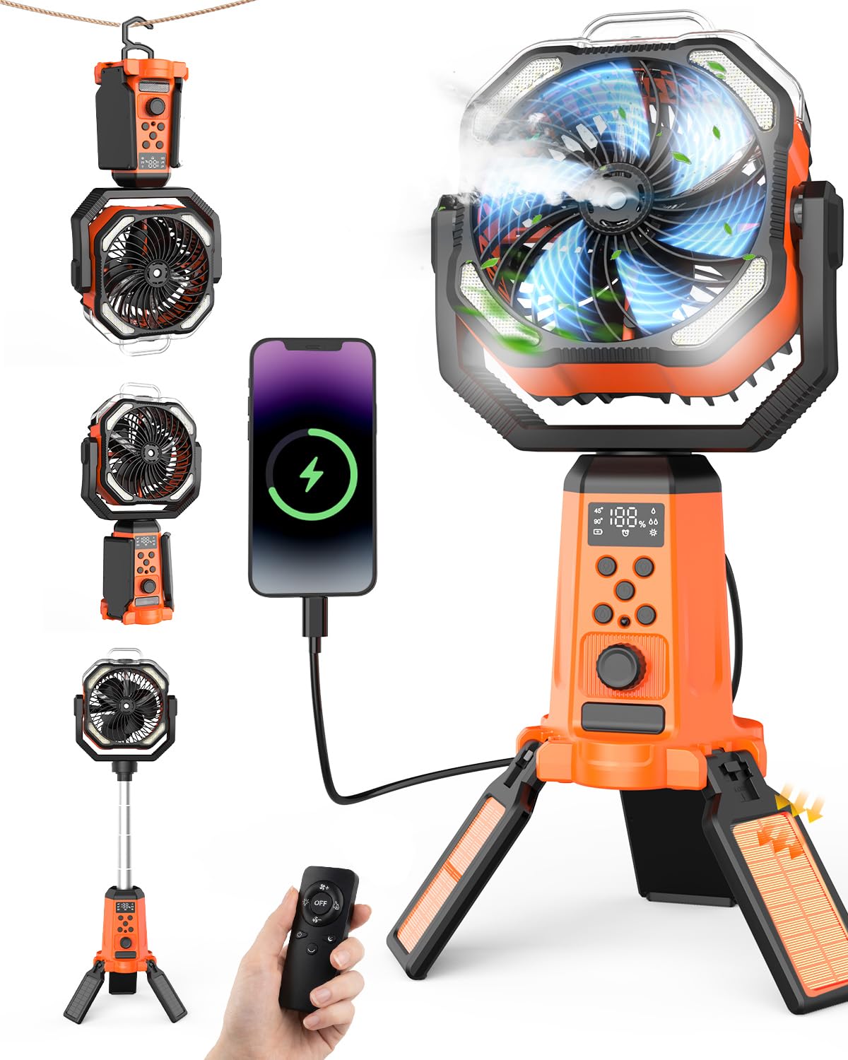 24000mAh Solar Camping Ventilator mit Ständer, Akku Ventilator mit Fernbedienung & Powerbank, mit Fernbedienung und Haken, Tragbarer USB Zelt Ventilator für Angeln Picknick Wohnmobil Outdoor