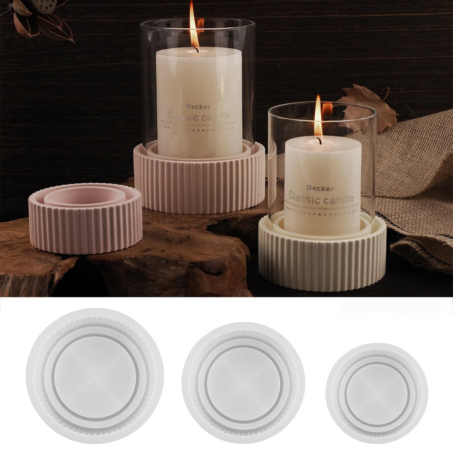 3 Stück Silikonformen für Kerzenhalter rund, für Gips, Harz und Beton | 3 Größen mit feiner Rillenoptik; ideal für Windlichter, Tischdeko, Stumpenkerzen und stilvolle DIY-Geschenke