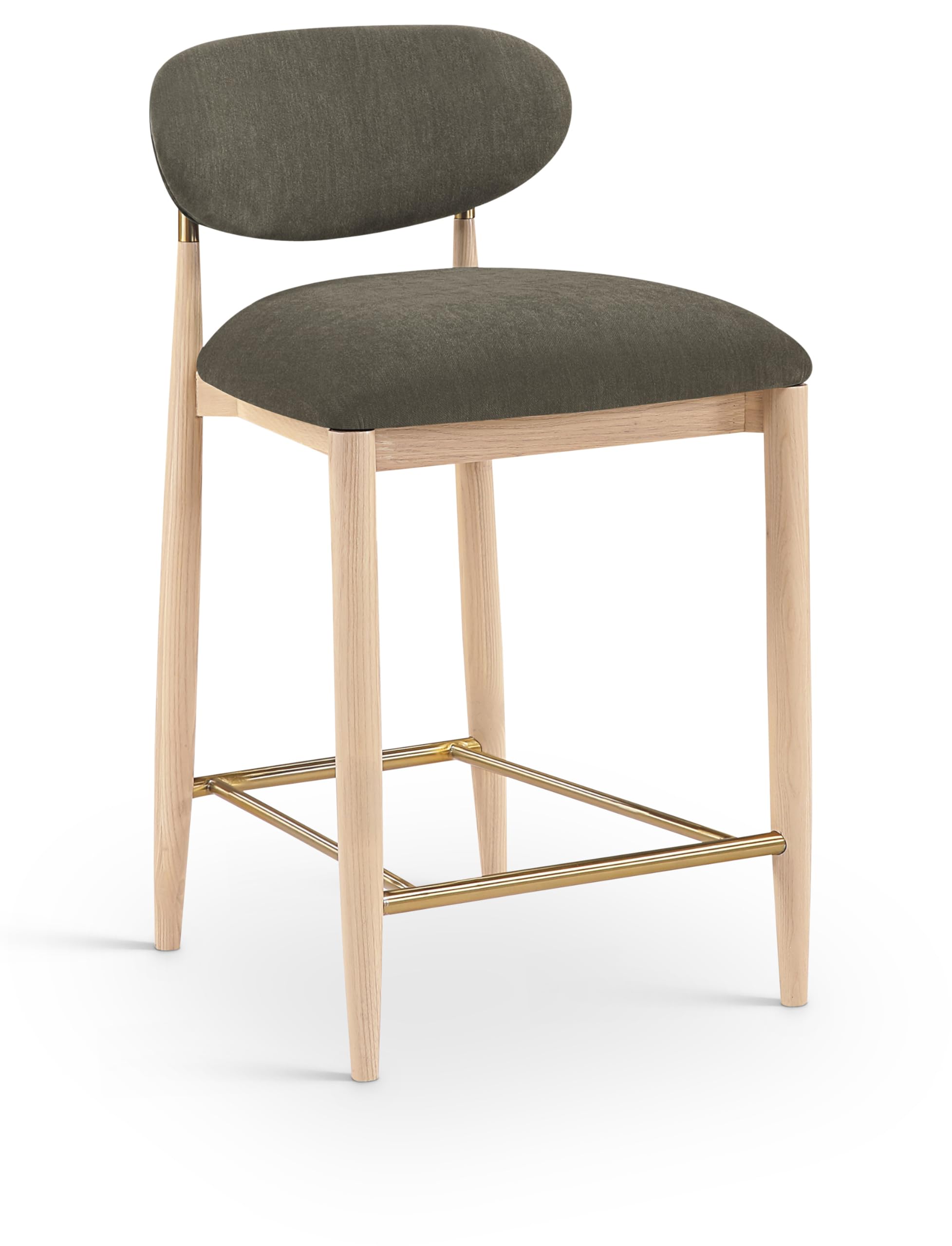 Meridian Furniture 11041Brown-C Riccio Collection Modern | Contemporary Stool with Brown Polyester Performance Fabric, Ash Wood, Natural Finish, Brass