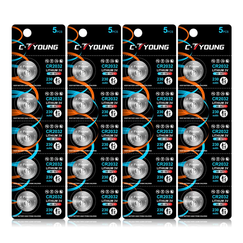 CR2032 Battery 3V Lithium Button Coin Cell Batteries Wide Temperature -40℃~80℃ Leak-Proof for Car Key Fob Batteries Pet Collars Tags Replacing CR 2032 (20pcs)