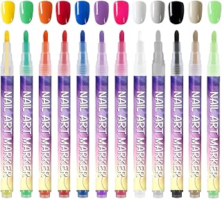 12 Colors Nails Art Pens Set, Long Lasting Nail Polish Marker, Gel Nails Art Markers, Quick Dry Fingernail Drawing Markers, Drawing Dotting Painting Nail Liner Brush, for Salon Manicure
