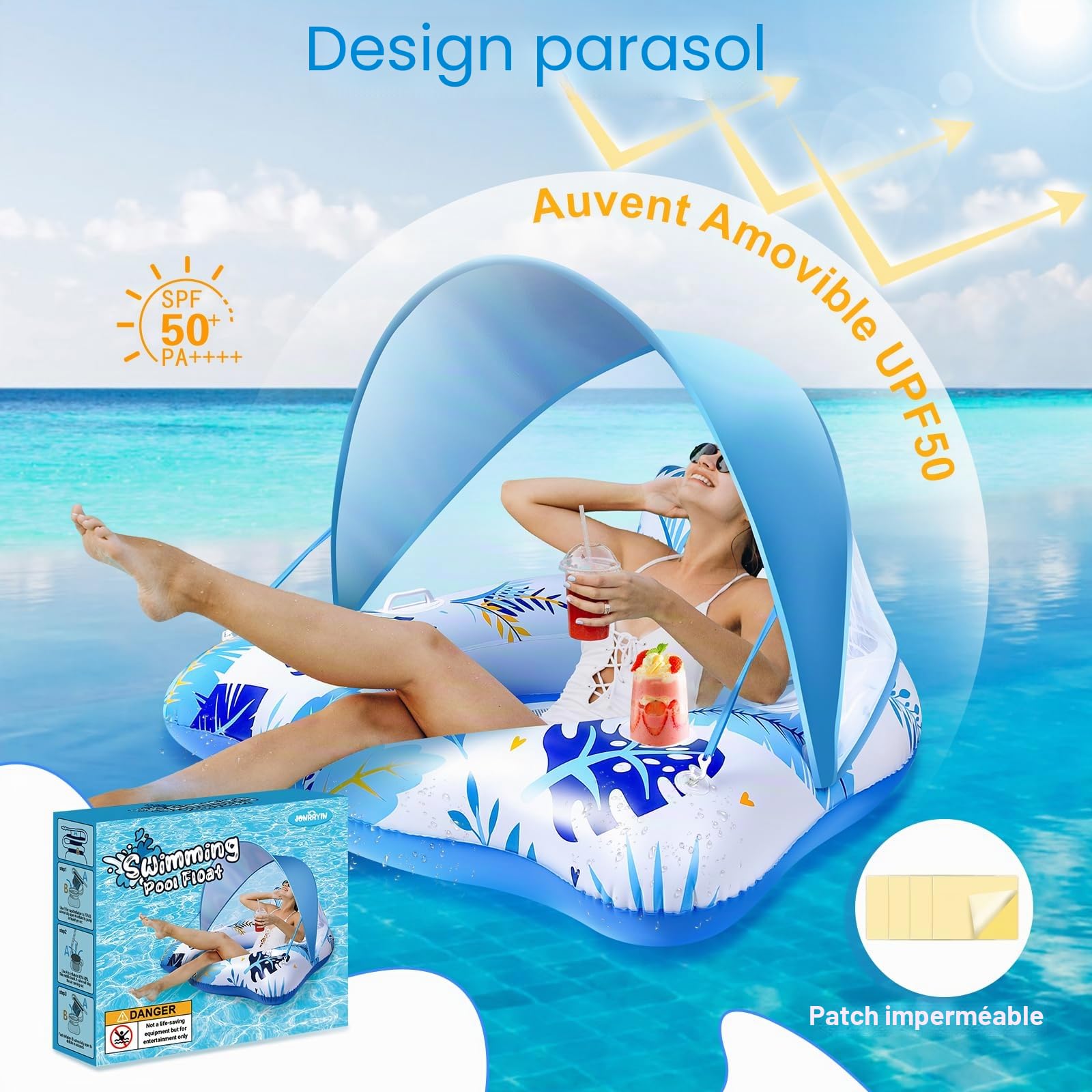 JONRRYIN Bouée Piscine Adulte, Bouée Gonflable Piscine Adulte avec Auvent de Protection, Flotteur Piscine Gonflable avec Porte-Gobelet et Poignées, Géante Piscine Gonflable