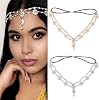 NICENEEDED Flower Head Chain, Indian Gold Headband, Boho Vintage Rhinestone Hair Chains Elastic Silver Floral Pearl Layered Jewelry Forehead Headpieces for Wedding Prom Women Girls Party 2PCS