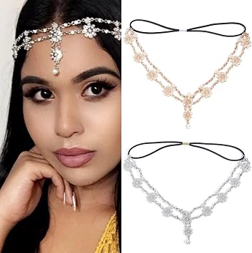 NICENEEDED 2PCS Flower Head Chain, Boho Vintage Rhinestone Hair Chains Elastic Silver Floral Pearl Layered Jewelry Forehead Headpieces for Wedding Prom Women Party Halloween