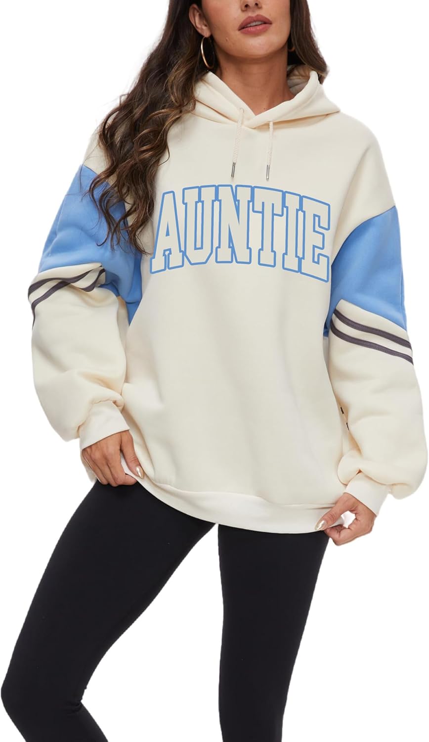 Womens Aunt Pullover Hoodie Auntie Letter Print Long Sleeve Sweatshirt Mothers Day Birthday Gifts for Auntie