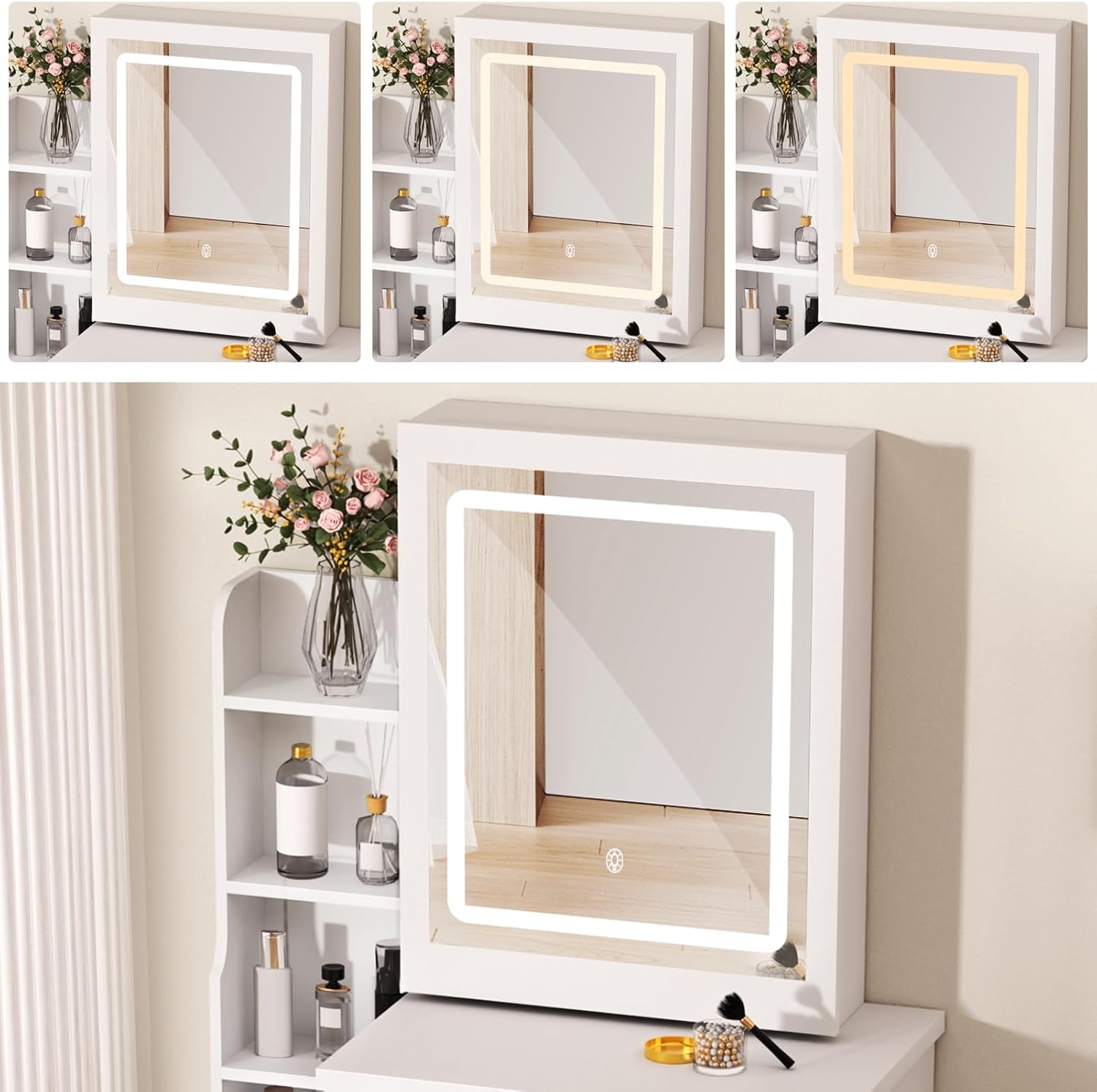 Vanity Desk with Sliding Mirror and Lights, Bedroom Dressing Table, Vanity Makeup Desk Makeup Table with Drawers & Shelves, Hidden Storage Space ﻿ White