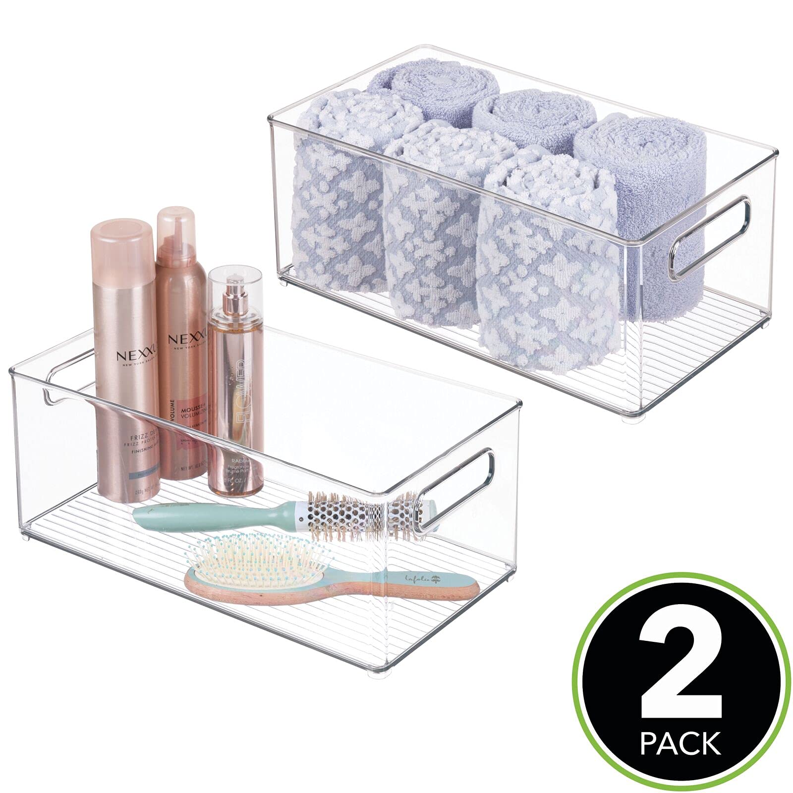 mDesign Juego de 2 cajas de plástico con asas – Organizador transparente con diseño atractivo – Cajas organizadoras para accesorios de baño, cosméticos y otros utensilios – transparente