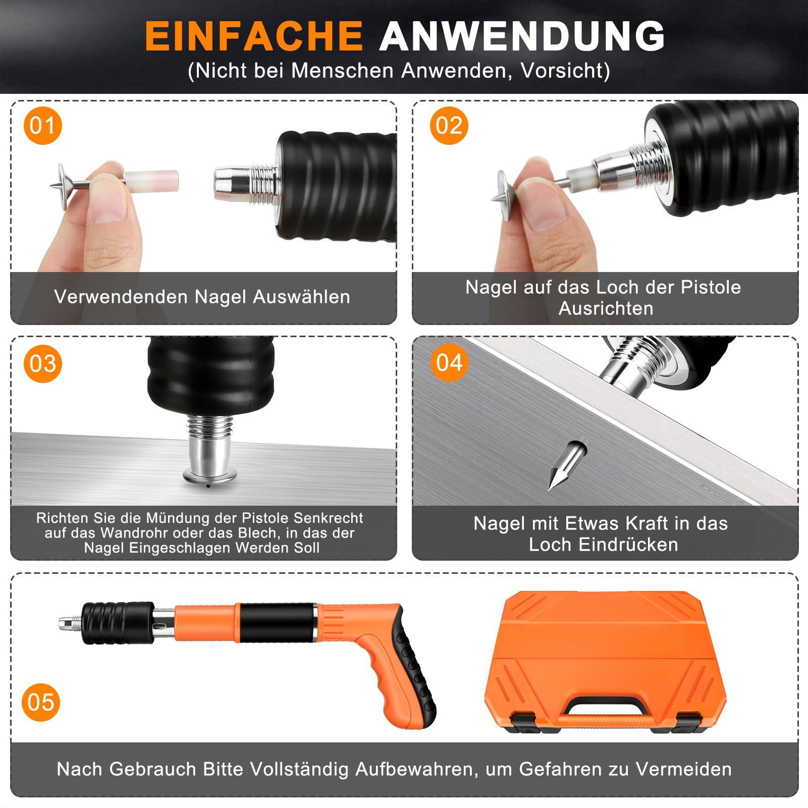 Pistolet à Clous Manuel avec 300 Clous Ronds, 5 Vitesses Pistolet Pneumatique pour Acier et Béton, Silencieux Réglable, Pistolet à Ongles Portable avec Gants à Lunettes Bouchons d'oreille (Orange)