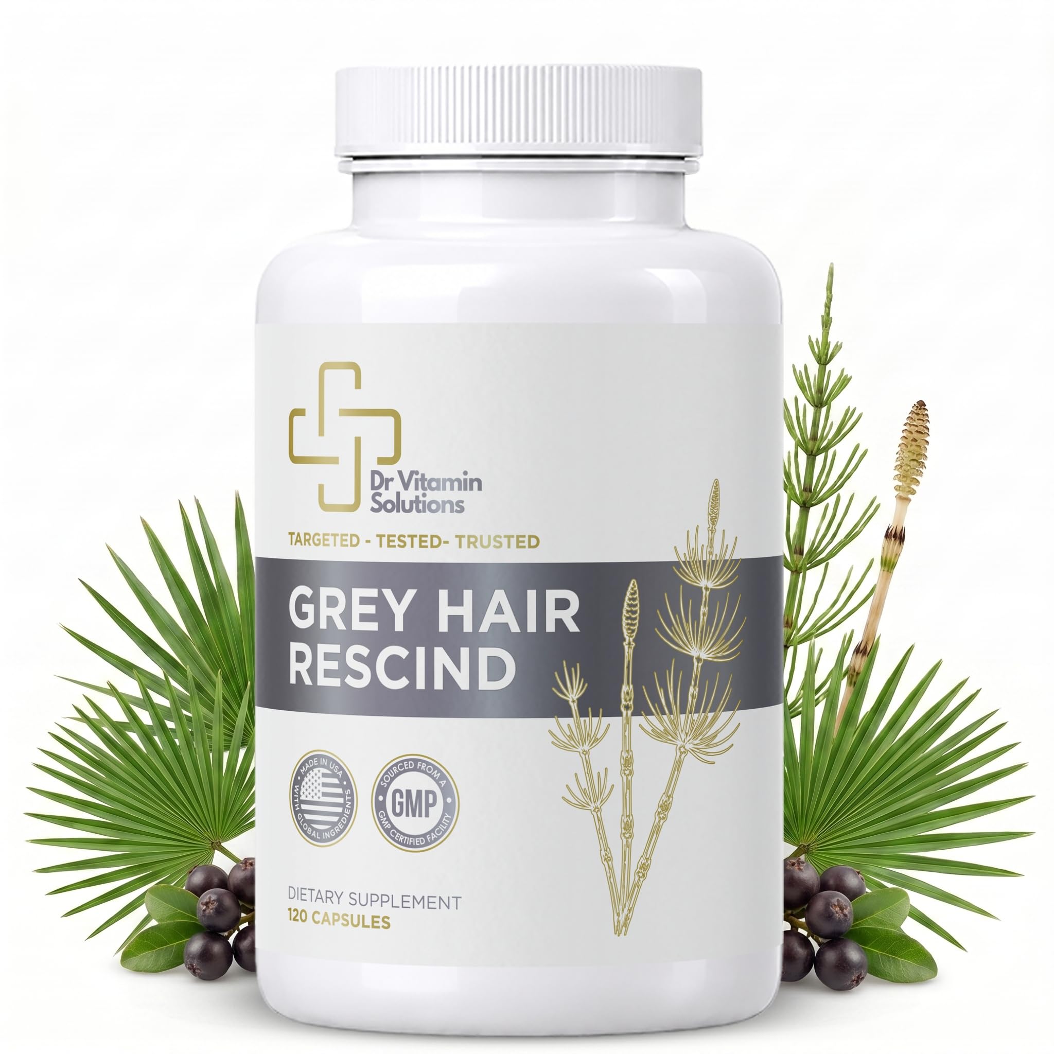 Gray Hair Rescind with Catalase, Saw Palmetto & Biotin – Anti Gray Hair Vitamins for Men & Women, PABA, Fo-Ti, Pantothenic Acid – Restores Natural Hair Color, Antiaging Hair Skin & Nails, 120 Capsules