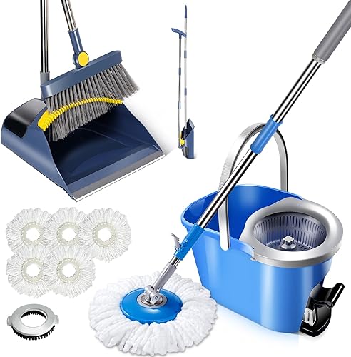 Masthome Trapeador giratorio de microfibra y cubo con 5 almohadillas de recambio y 1 cepillo de limpieza, juego de escoba y recogedor con mango