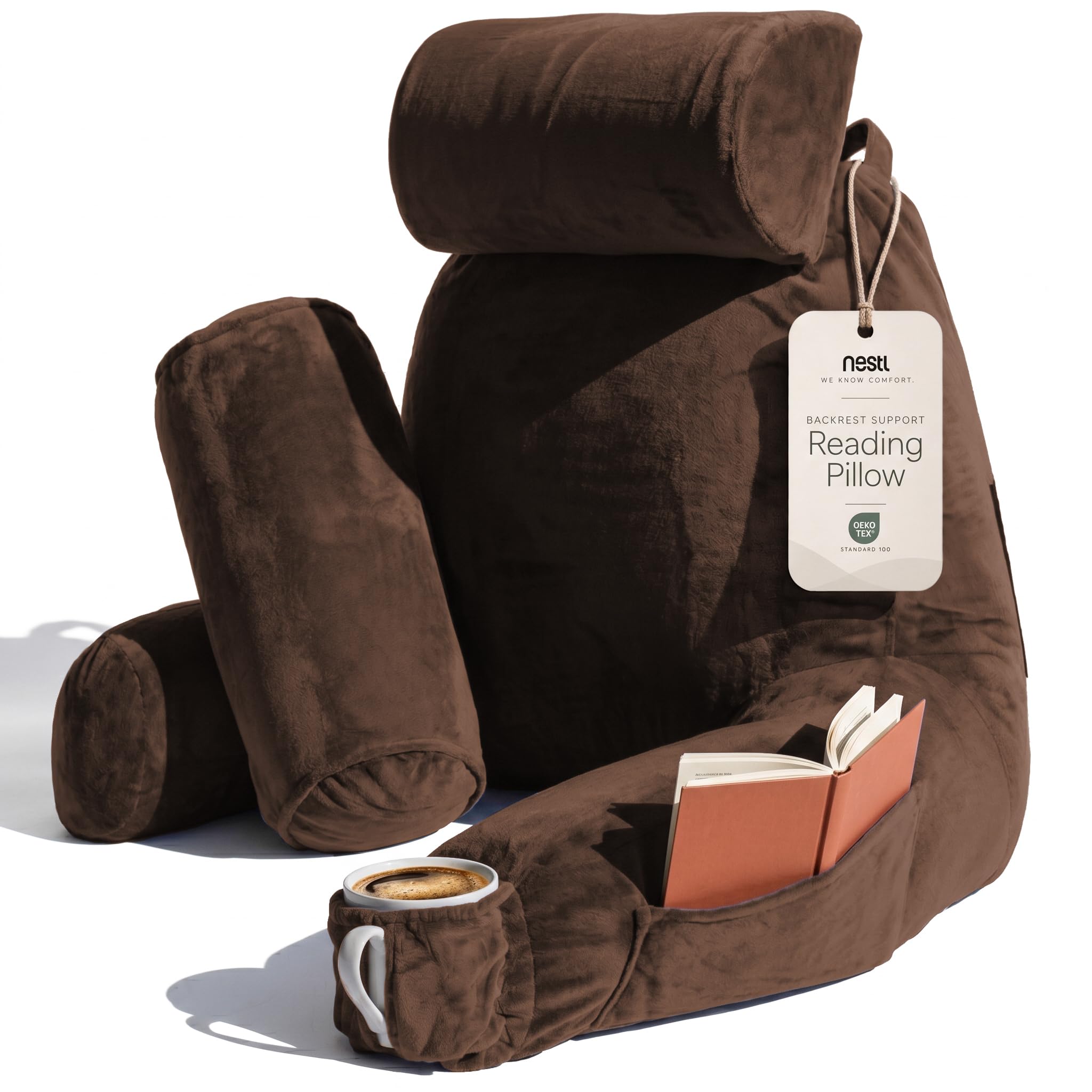 Nestl Reading Pillow with Shredded Memory Foam Includes 2 Neck and Lumber Support Pillows, Designed for Sitting Up in Bed and Couch, Back and Arms Adjustable Support for Adult &amp; Teens, Chocolate Brown
