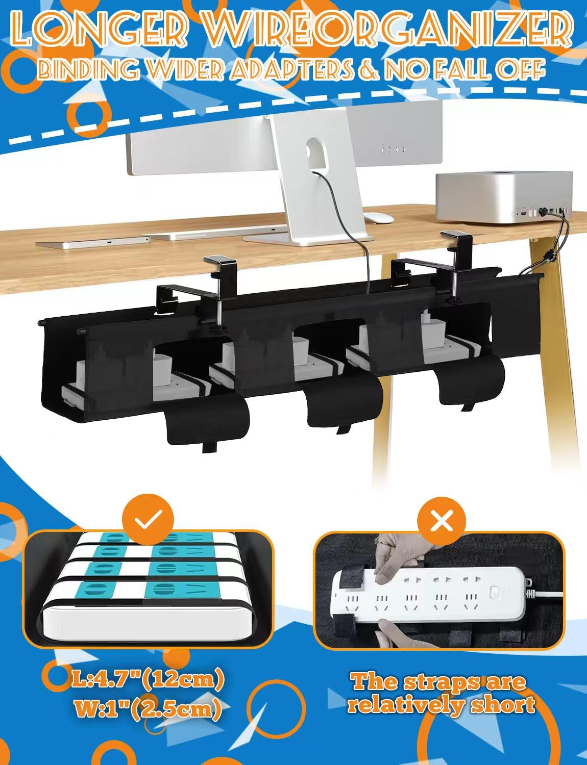 Bandeja de gestión de cables para debajo del escritorio sin taladrar, organizador de cables debajo del escritorio, organizador de cables de montaje con abrazadera/tornillo, ocultador de cables