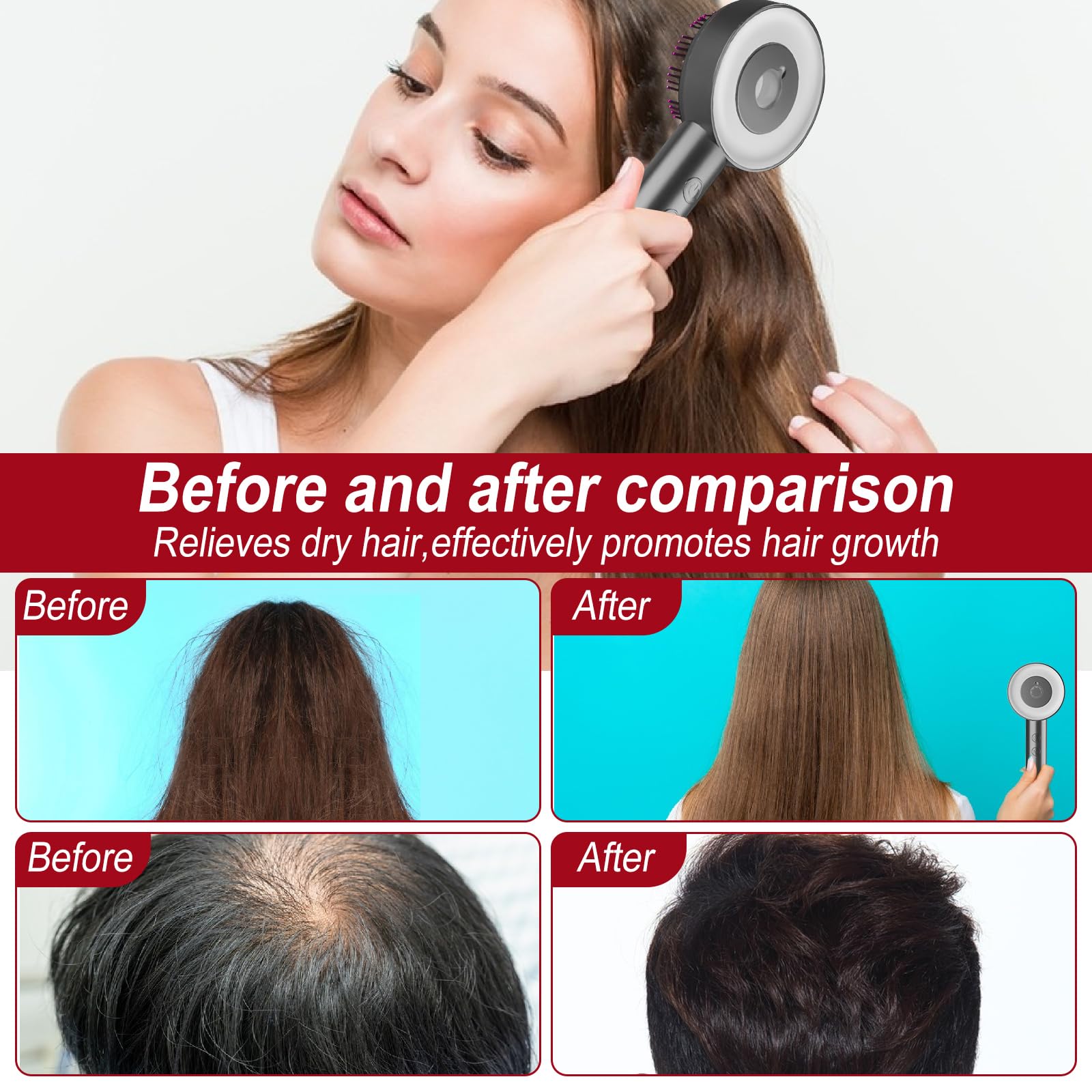 Cepillo de masaje de cuero cabelludo con luz roja y azul, multiusos, aplicador de aceite, masajeador eléctrico para cuero cabelludo y cabello, inalámbrico y portátil (gris)