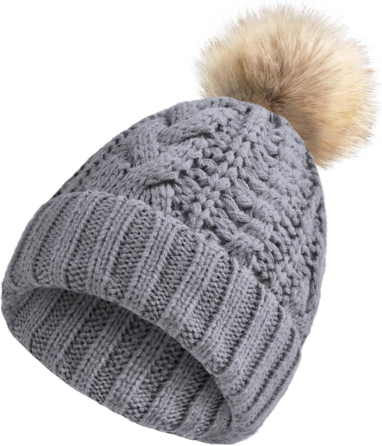 Womens Winter Knitted Beanie Hat with Faux Fur Winter Hats for Women Fur Pom Warm Knit Skull Cap
