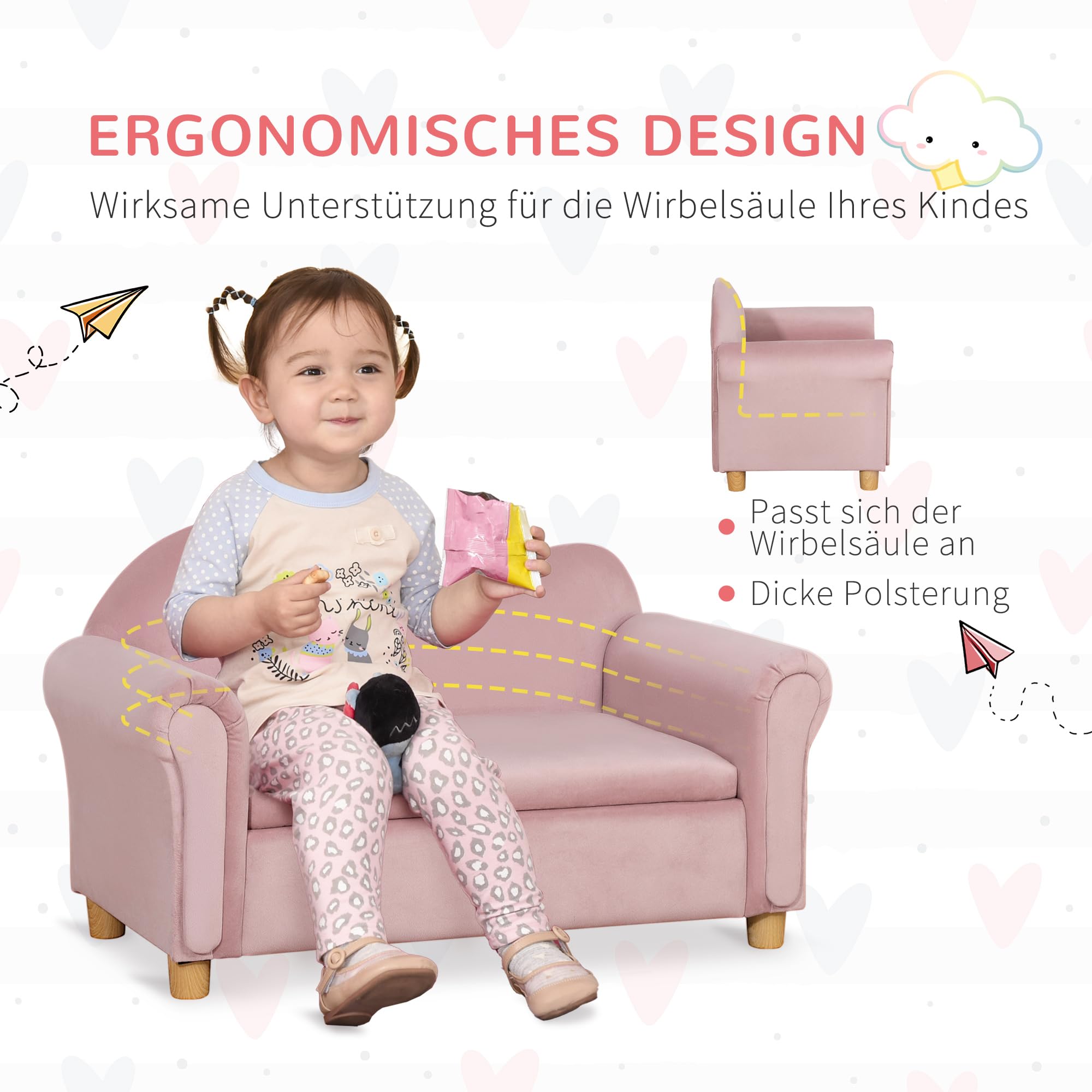 HOMCOM Kindersofa Kindersessel mit Stauraum Armlehne 2-Sitzer Kindercouch Liegecouch Relaxsessel Kinder Sofa für 3-5 Jahre Jungen und Mädchen Rosa