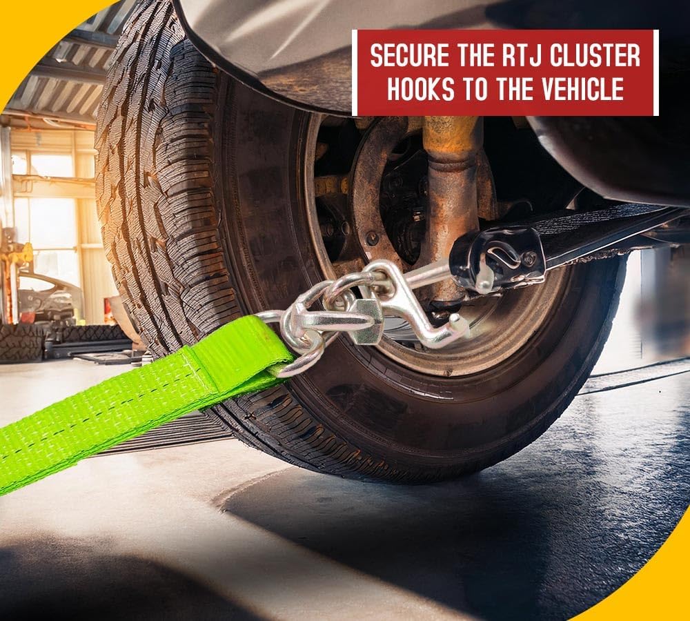 Mytee Products Tow Straps V Bridle 3" x 36" w/RTJ Clusters, Hi VIZ/HI Abrasion Green Webbing, 5400 lbs WLL | Recovery V Strap w/Reinforced Webbing for Towing, Wrecker, Rollback, Car Hauler