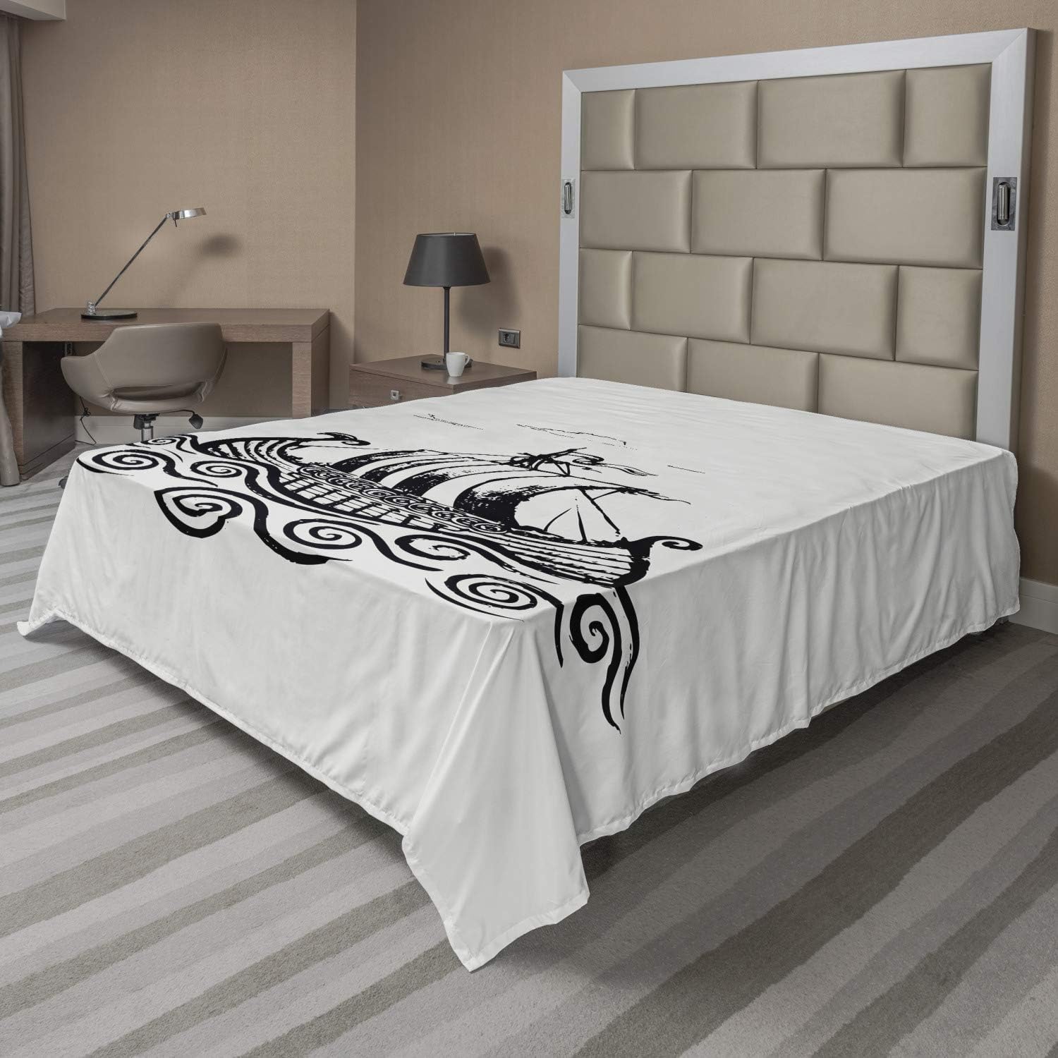 Ambesonne Viking Flat Sheet, Hand Drawn Ship on Whirlpool Look Waves Greyscale Design Print, Soft and Comfortable Top Sheet Decorative Bedding 1 Piece, Full Size, Pale Grey Charcoal Grey