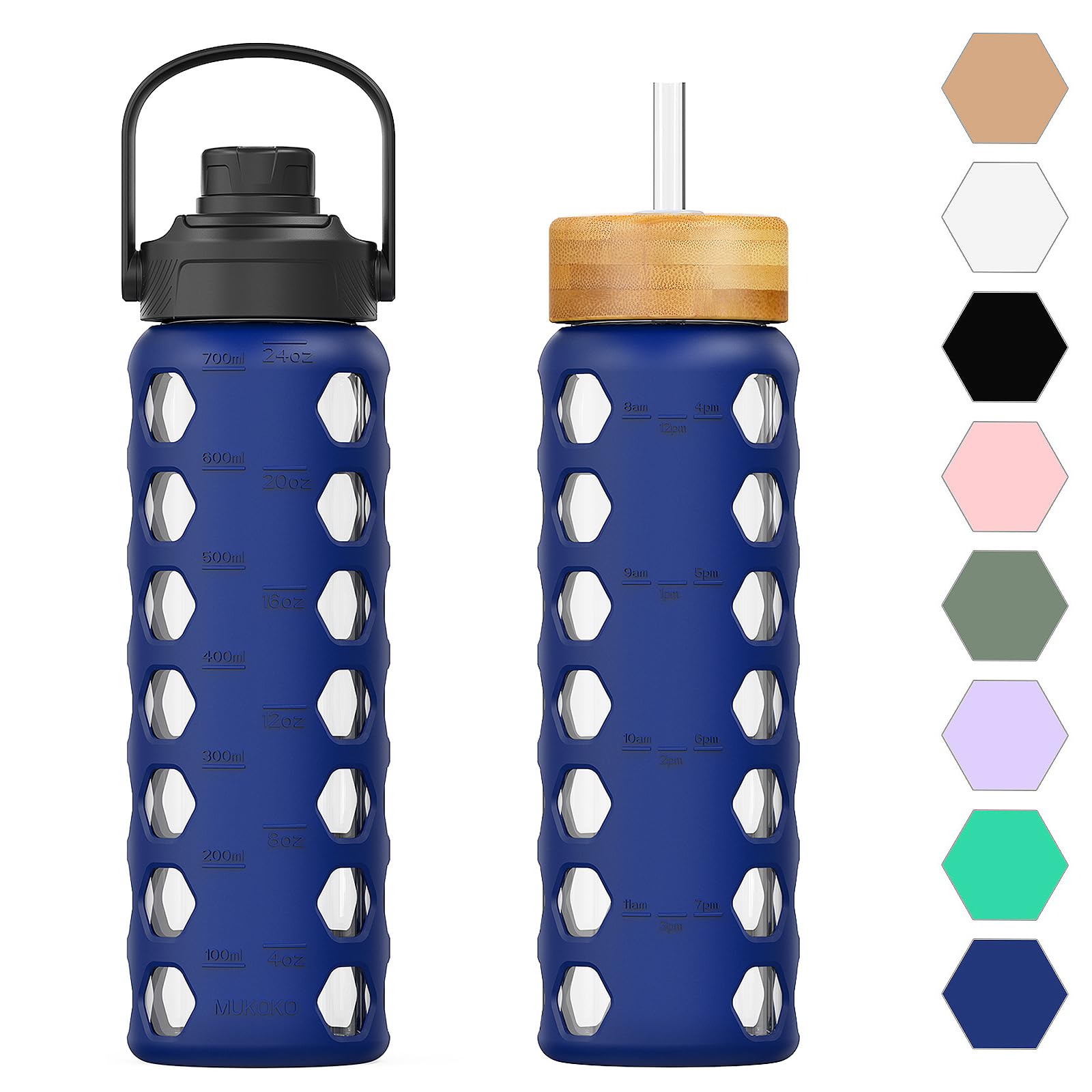 HYDRAGLAZIC 700ML Glass Water Bottle with 2 Flip and Bamboo Straw Lids Sports Water Tumbler with Time Reminder and Silicone Sleeve Leak-proof BPA Free