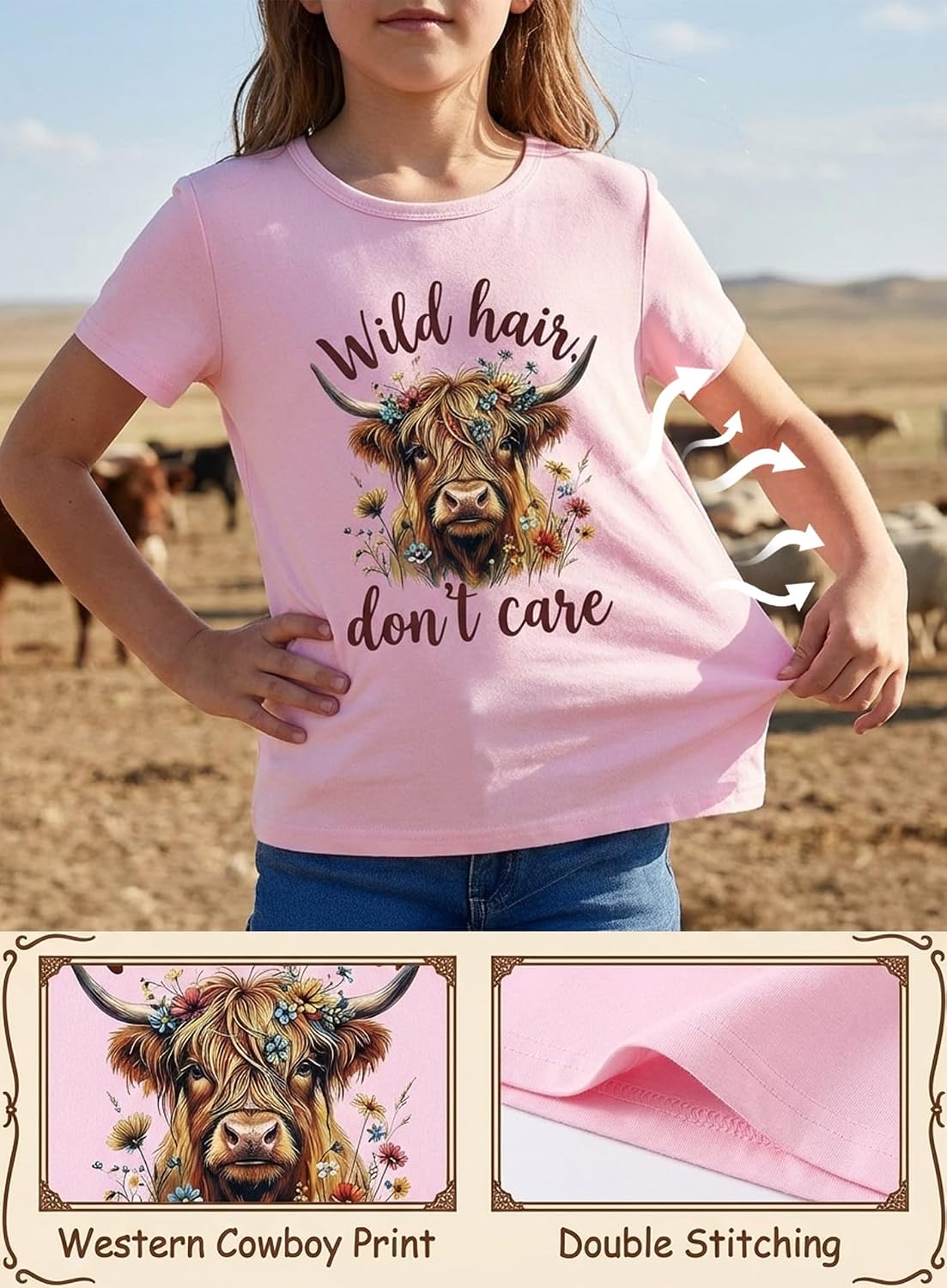 Girls Western Cow T-Shirts - Cute Cowgirl Shirts Funny Graphic Wild Flower Outfit Short Sleeve Tops Summer Tee