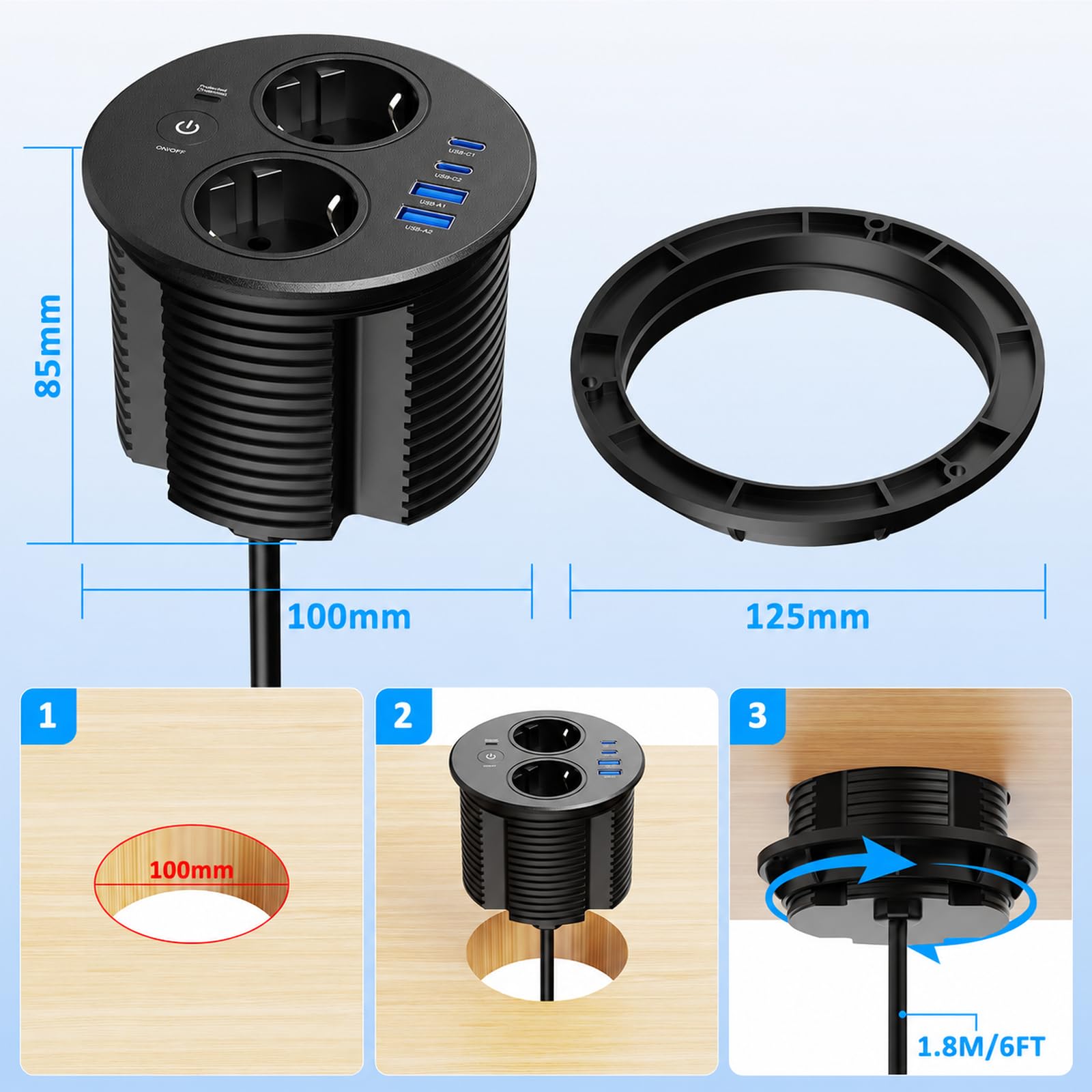 Gniazdko podtynkowe, okrągłe, z 2 gniazdami Schuko i 4 portami USB, 2 x USB C PD 20 W, gniazdko stołowe z przełącznikiem, do biurka, biura, kuchni, blatu roboczego, listwa zasilająca do zabudowy z