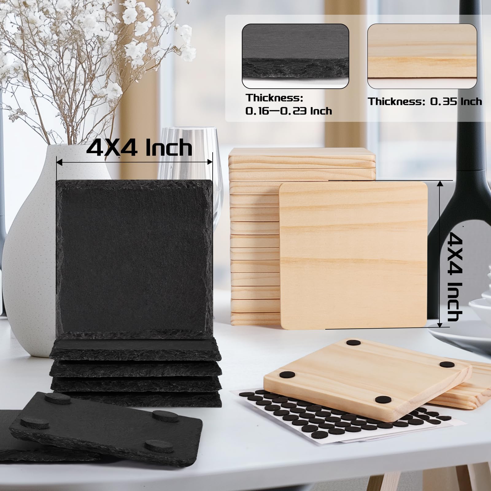 72 Sottobicchieri Vuoti Per Incisione Laser - 36 In Ardesia Nera E 36 In Legno, 10x10 Cm, Con Tappetini Protettivi - Fai Da Te, Artigianato, Decorazione - 2