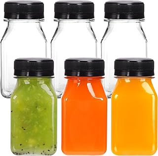 Moretoes 6pcs 4oz Plastic Juice Shot Bottles with Caps, Clear Empty Reusable Ginger Shots Bottles, Disposable Plastics Containers with Lids for Juicing Smoothies, Milk, and Other Beverages