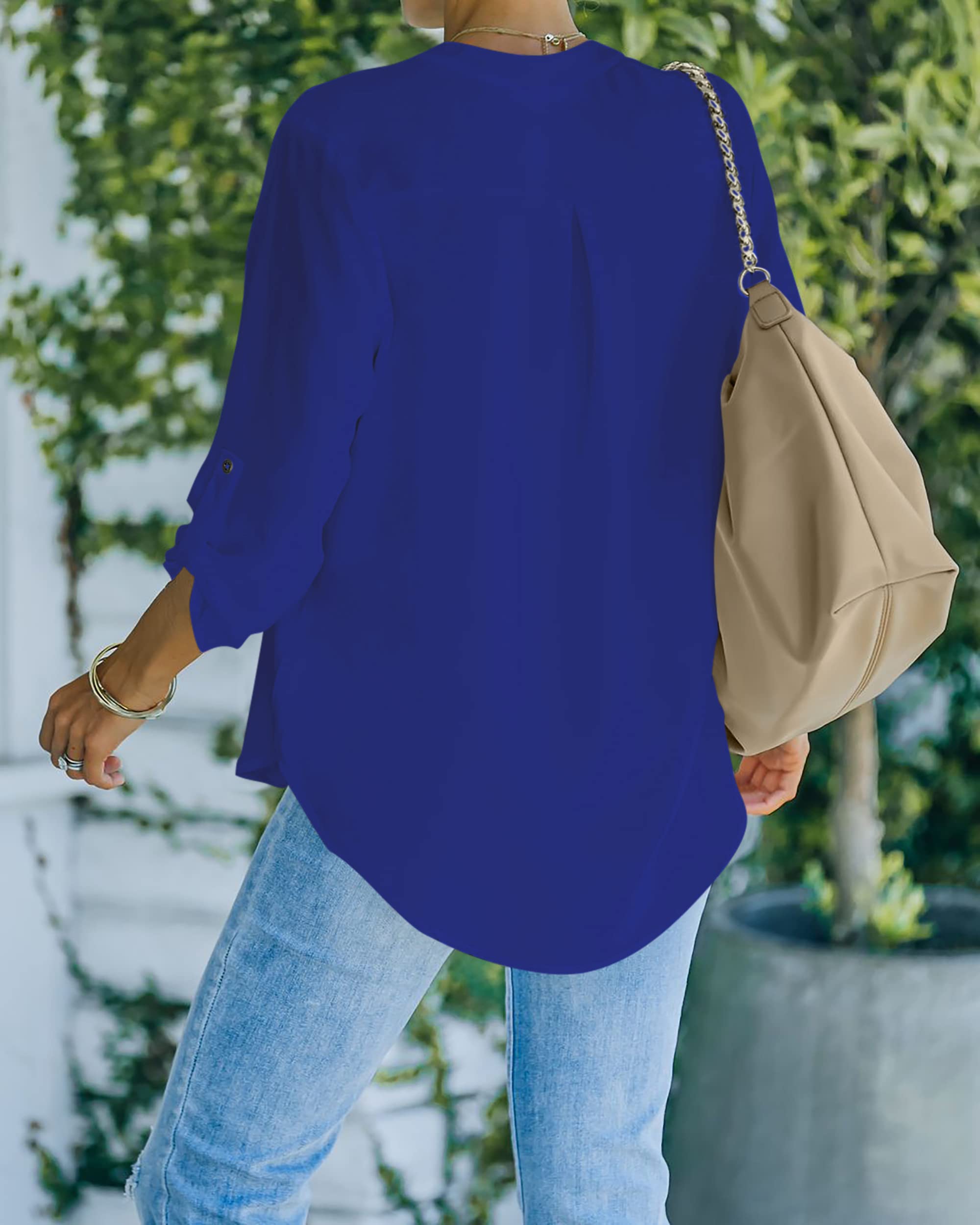 NONSAR Camicetta da donna Henley, elegante, con scollo a V, maniche arrotolabili, in stile casual