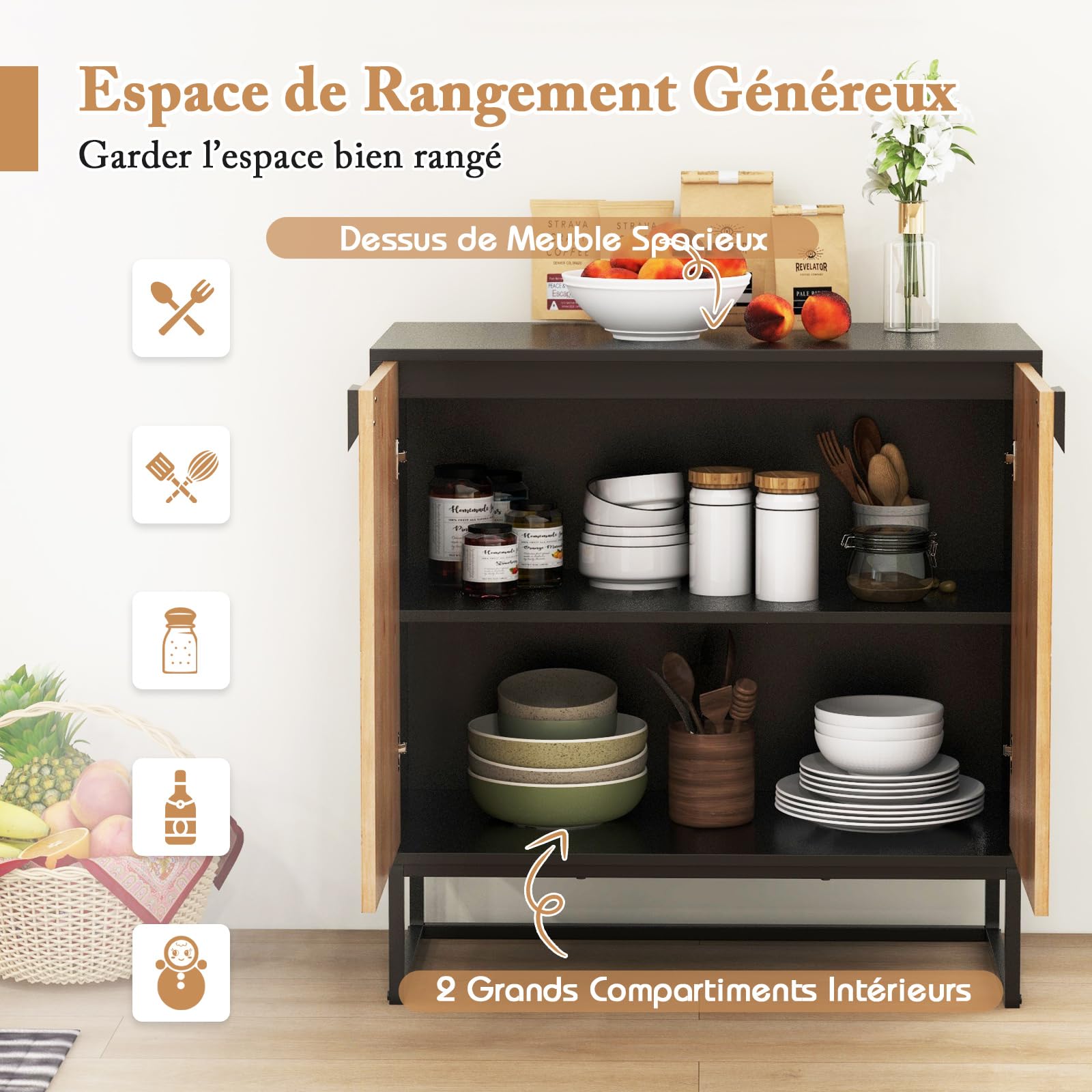 COSTWAY Buffet Bas Moderne avec 2 Portes, Étagère et Pieds en Métal (Noir)