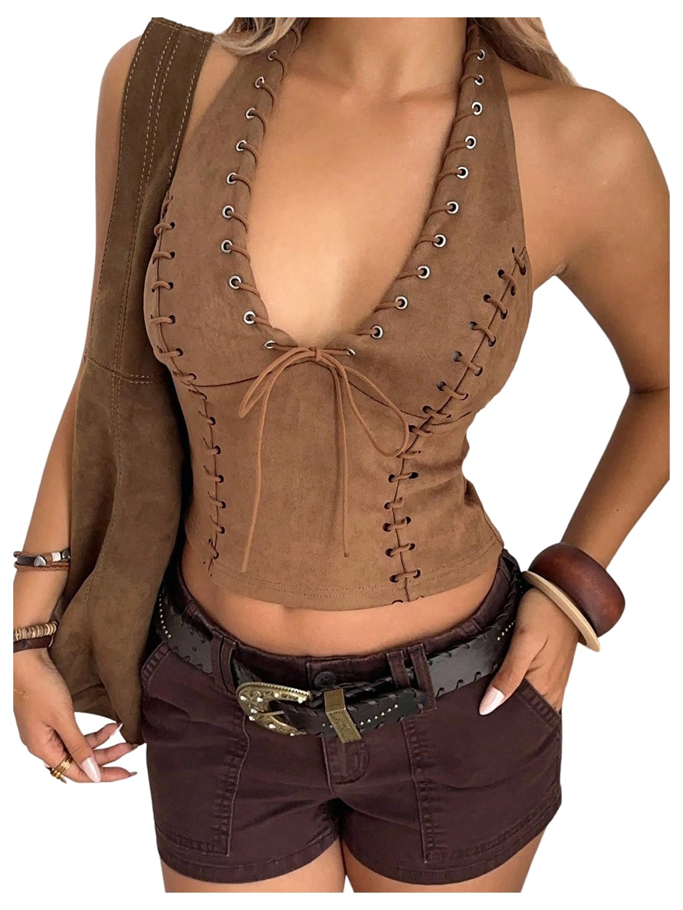 SHENHE Women's Y2k Western Cowgirl Backless Hippie 70s Halter Crop Top
