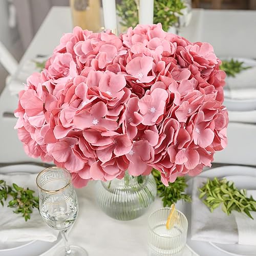 Miniatura 7 de AVIVIHO Cabezas de Flores de Seda de Hortensia Rosa Empolvado Paquete de 10 Flores de Hortensia Rosa Empolvado de Plenitud Artificiales con Tallos