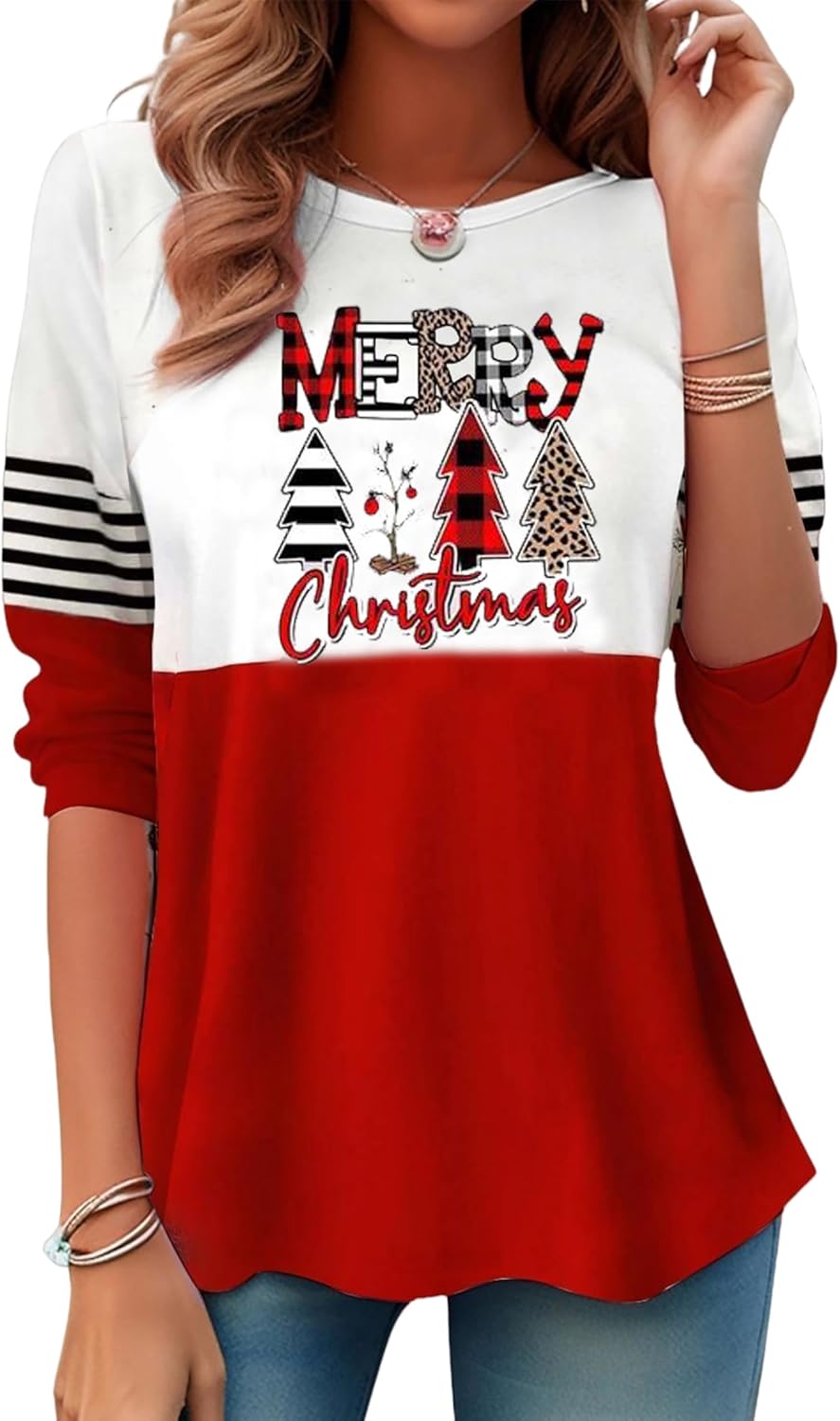 LLHXRUI Women's Christmas Trees T Shirts-Long Sleeve Xmas Holiday Splicing Tops
