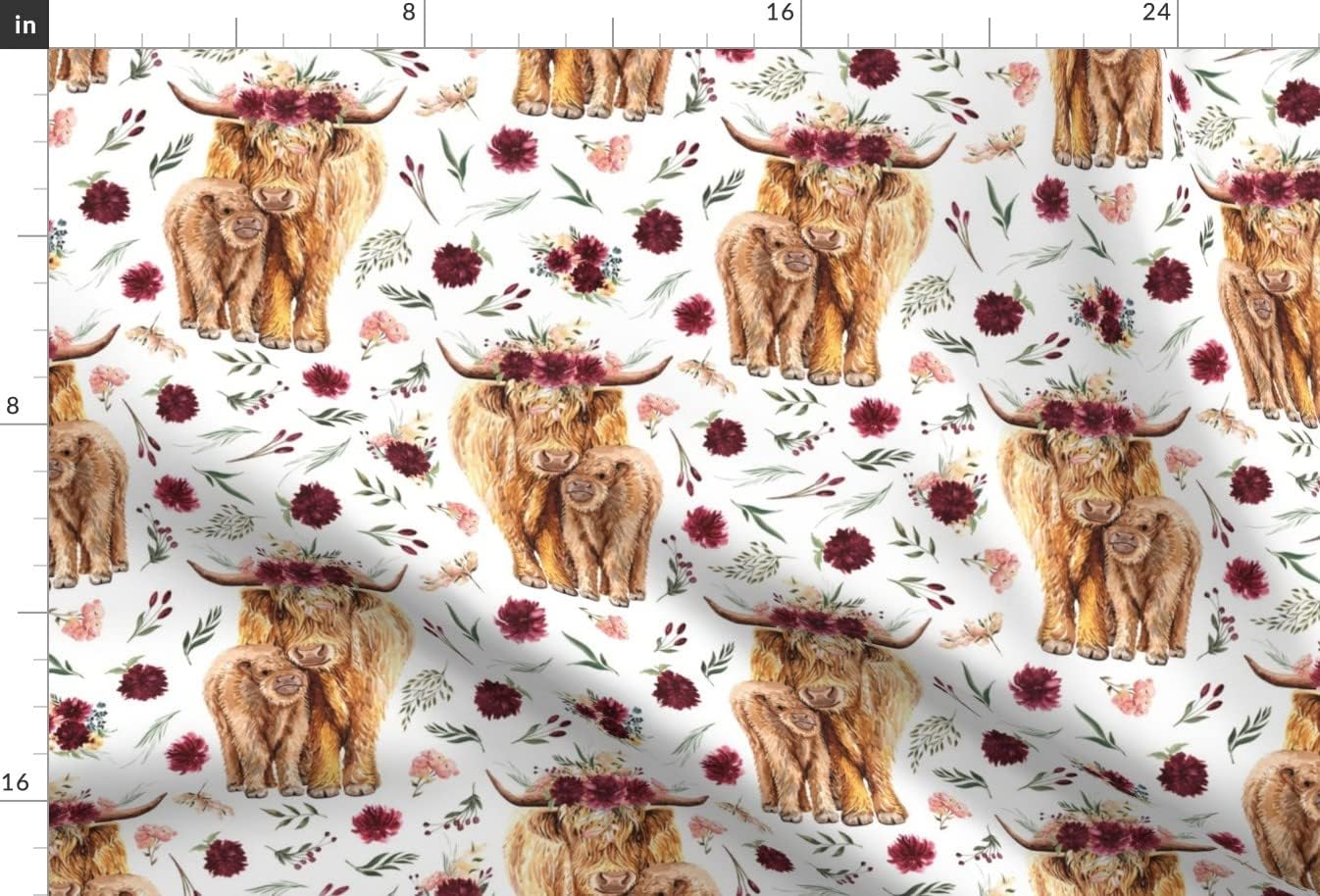 Spoonflower Fabric - Maroon Floral Highland Cow Pink Cows Scottish Printed on Minky Fabric by The Yard - Sewing Baby Blankets Quilt Backing Plush