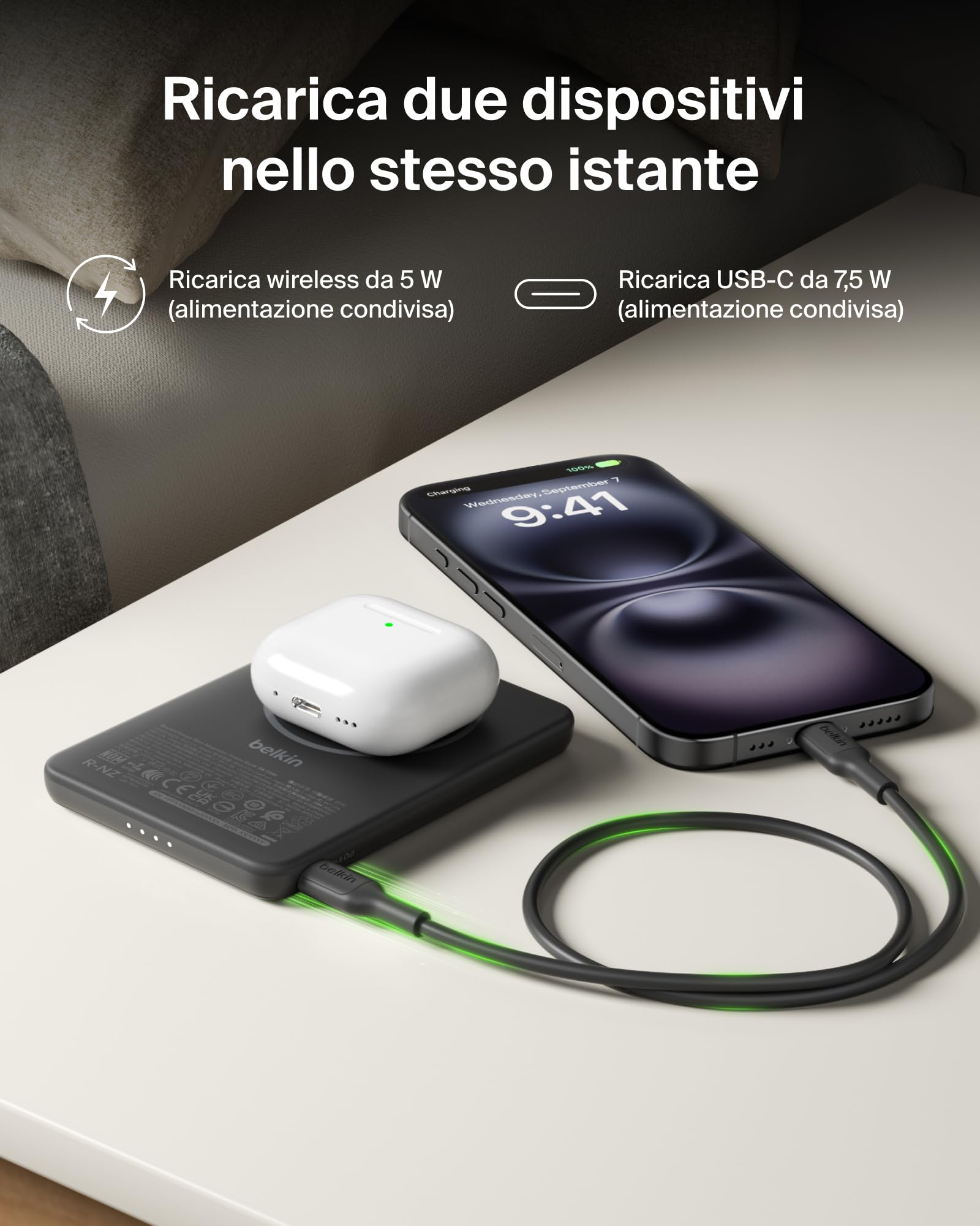 Belkin BoostCharge Power Bank Magnetico 5000mAh, Qi2 7.5W Caricatore Portatile Sottile con Anello Magnetico e Porta USB-C, Cavo USB-C Incluso, Power Bank per iPhone, Galaxy, Pixel, iPad e altro, Nero