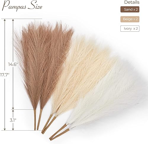 Miniatura 5 de Serwalin Decoración de hierba de las pampas de 17.7 pulgadas, 6 piezas de decoración bohemia, hierba sintética de la pampa, sala de estar, fiesta,