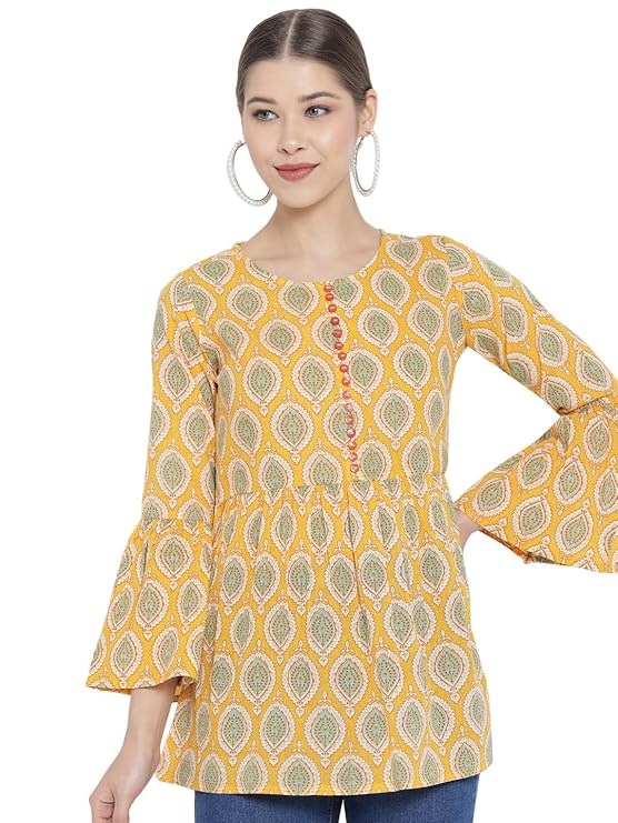 Yash Gallery Women’s Rayon Regular Fit Short Floral Printed Kurta Top – Yellow