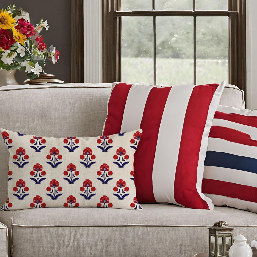 PANDICORN Block Print Throw Pillow Covers 12x20 Inch Red and Blue Vintage Boho Floral Outdoor Decorations Lumbar Decorative Throw Pillows Cases Covers for Home Living Room Couch Decor - Image 3