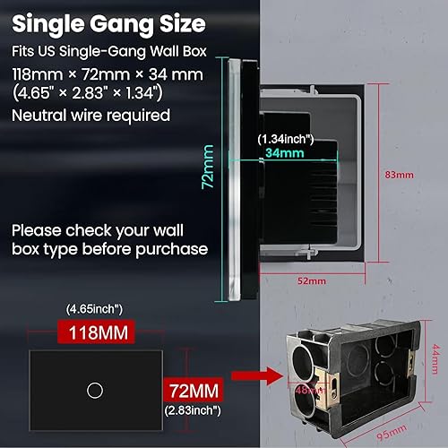 Miniatura 4 de Interruptor de luz táctil inteligente WiFi, interruptor de pared de 1 botón de una sola banda, 110-220V 50/60Hz, requiere cable neutro, 2.4GHz
