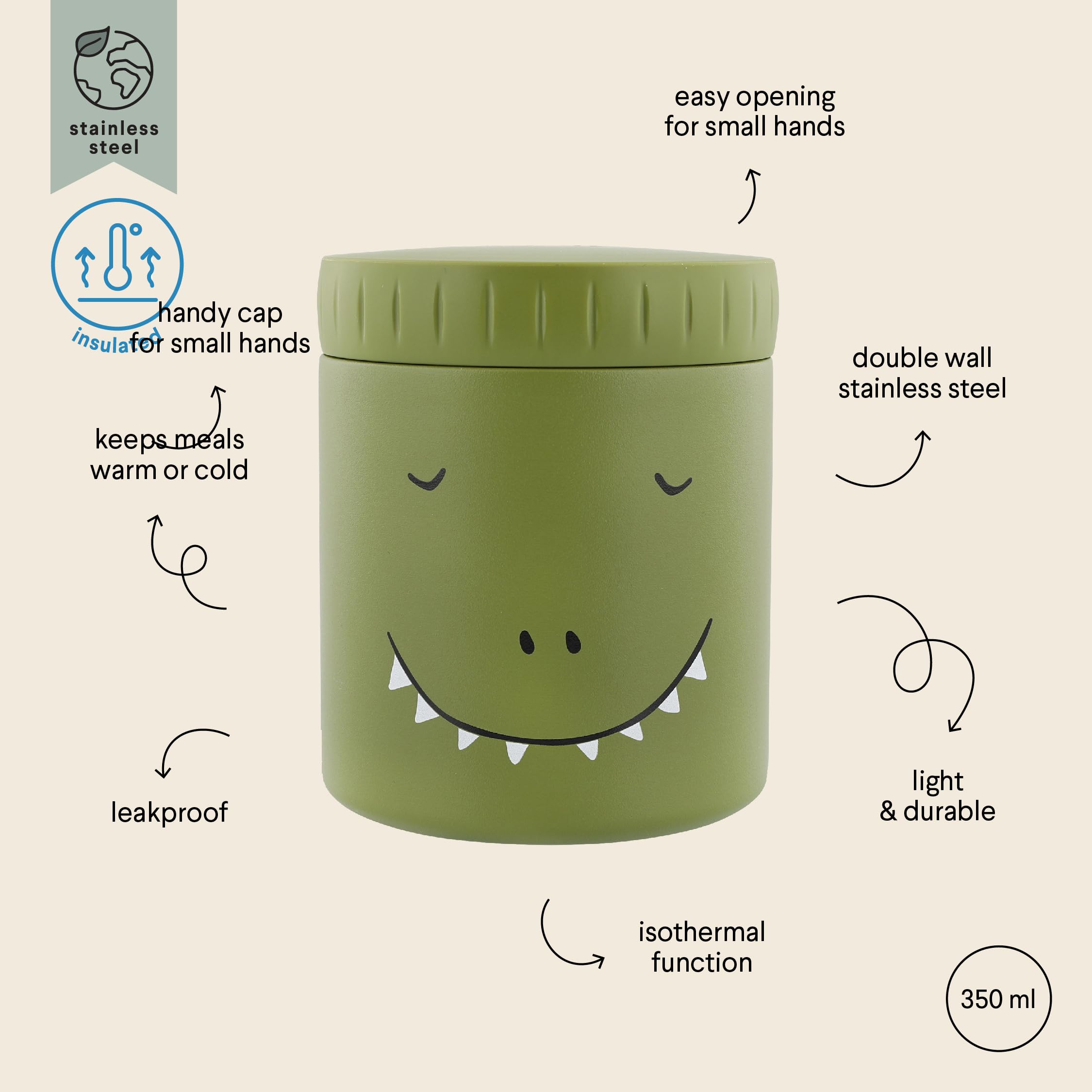 Trixie Tarro aislado para alimentos, Mr. Dino, 350 ml, a prueba de fugas y portátil, mantiene la comida caliente o fría, acero inoxidable, contenedor de almuerzo para niños