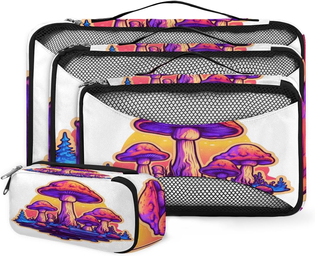 4 Set Packing Cubes for Suitcases, Travel Essentials for Carry on Luggage, Gothic Mushrooms Suitcase Organizers for Clothes Shoes Toiletries Travel Accessories in 4 Sizes - Fantastic Mushrooms