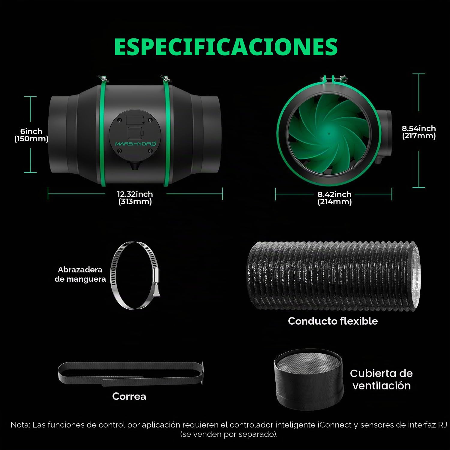 MARS HYDRO iFresh - Ventilador axial de 6 pulgadas, combinado, regulador de velocidad, filtro de carbono y ductura, control APP mediante iConnect, sistema de refrigeración y ventilación para Grow Tent