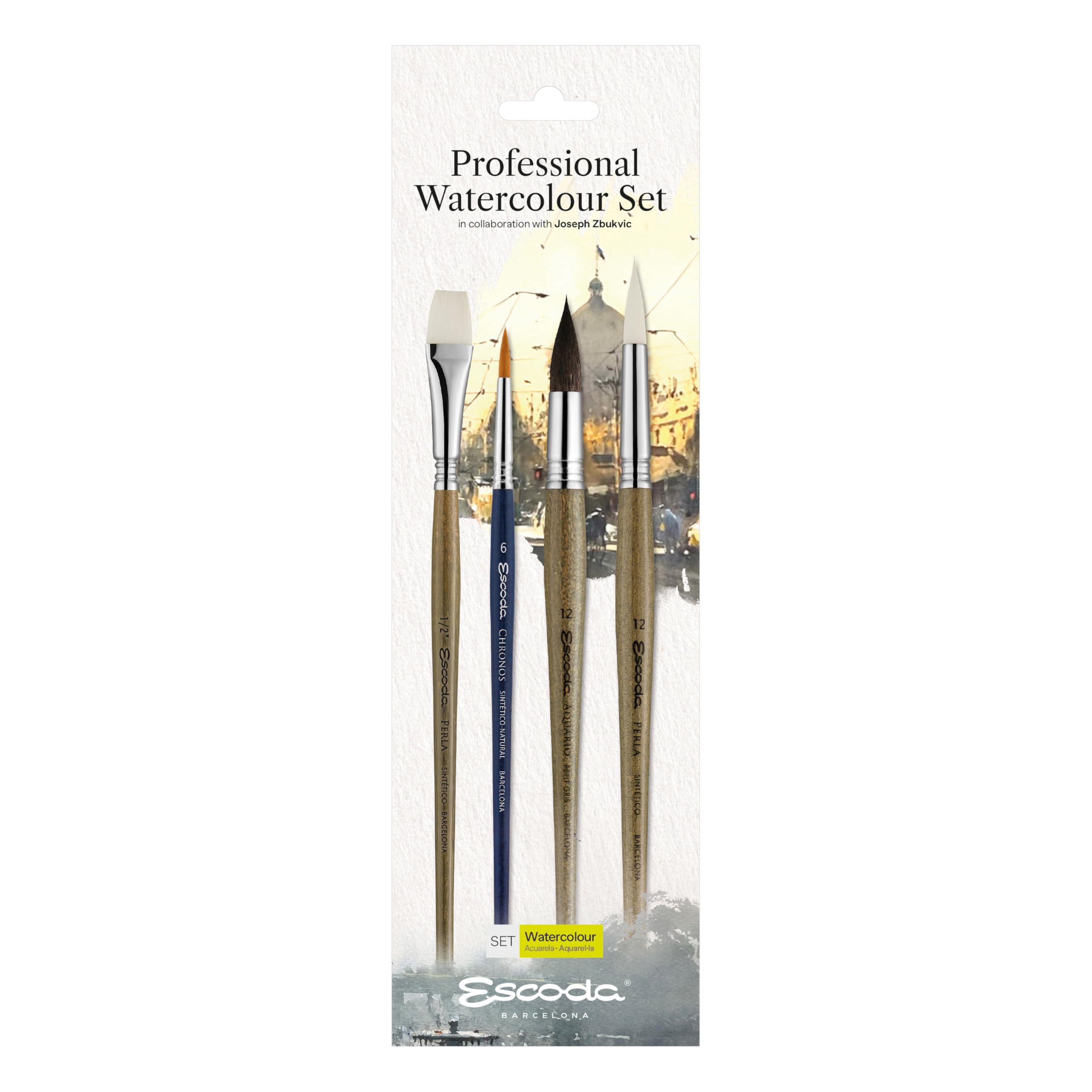 ESCODA | Acuarela | Professional Watercolour Set | 4 Pinceles Profesionales | Tamaño 12,6,12,1/2"| Fibra Sintética, Pelo Natural | Redondo Pluma, Redondo Punta, Plano