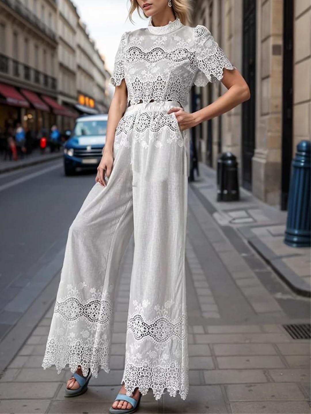 Alloaone Solid Two Piece Set For Women O Neck Short Sleeve Top High Waist Wide Leg Pant Lace Sets