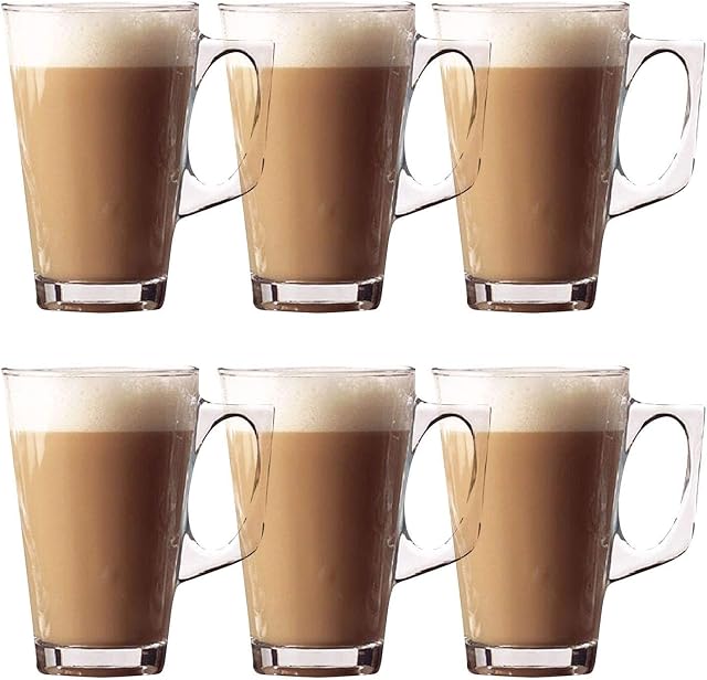Set of 6 Latte Glasses Ð Premium Pack of Stylish 11cm Cafe Mugs Cups 240ml - Ideal for Tea, Coffee, Latte, Cappuccino, Espresso, Hot Chocolate