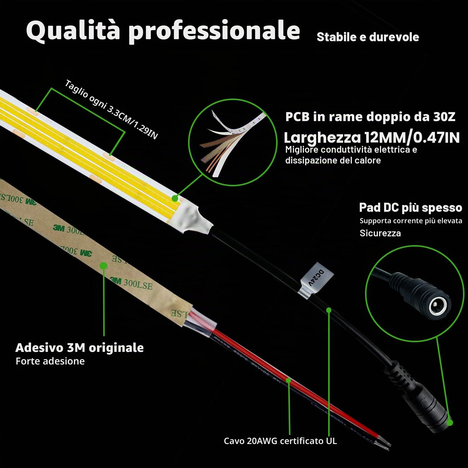 JOYLIT PRO+ Striscia LED COB 24V 5M Doppia Fila 3000K Interno, CE UL 3100LM/M Alta Luminosità 25W/M CRI 95+ Illuminazione Nastri Luce, 960LEDs/M 12MM Bianco Caldo Continuous Strip LED (Solo Luci)