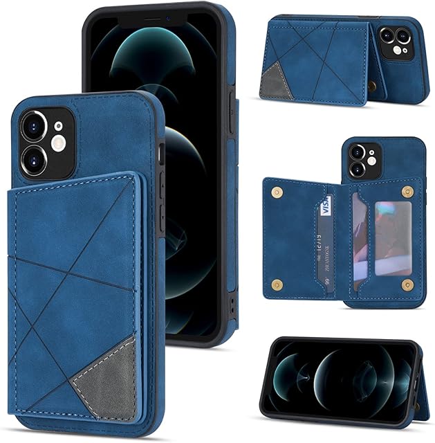 UEEBAI Wallet Case for iPhone 12 6.1 inch, Slim PU Leather Case with Card Holders Kickstand Double Magnetic Clasp Durable Skin feel Shockproof Flip Folio Cover - Blue