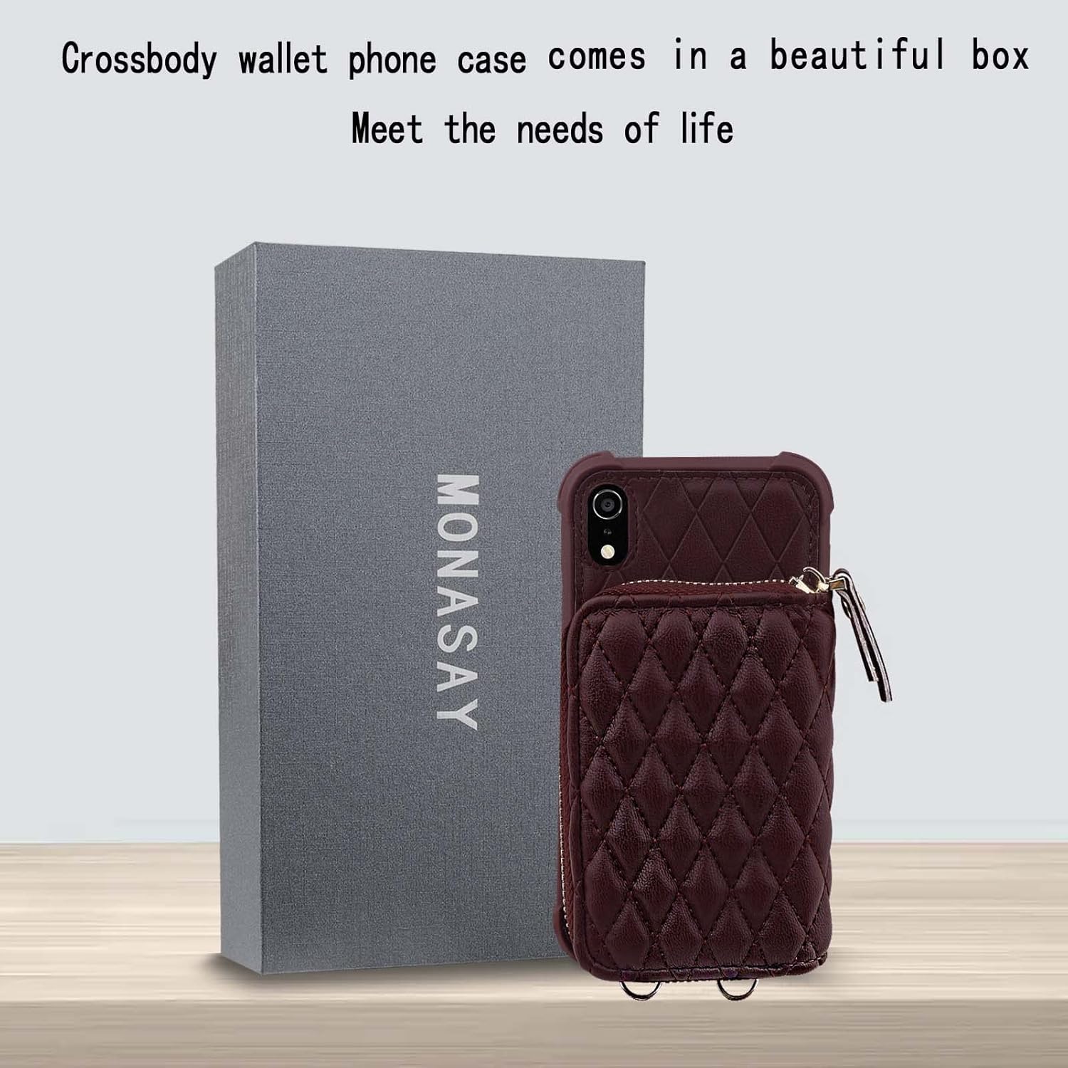 MONASAY Zipper Wallet Case for iPhone XR,[Glass Screen Protector ][RFID Blocking] Flip Leather Handbag Phone Cover with Card Holder and Detachable Crossbody Shoulder Lanyard Strap, Burgundy