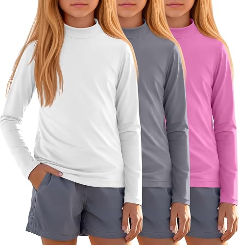 Xaatren 3 Pack Girls Rash Guard Swimwear Shirts, 3-Color, 11-12 Years