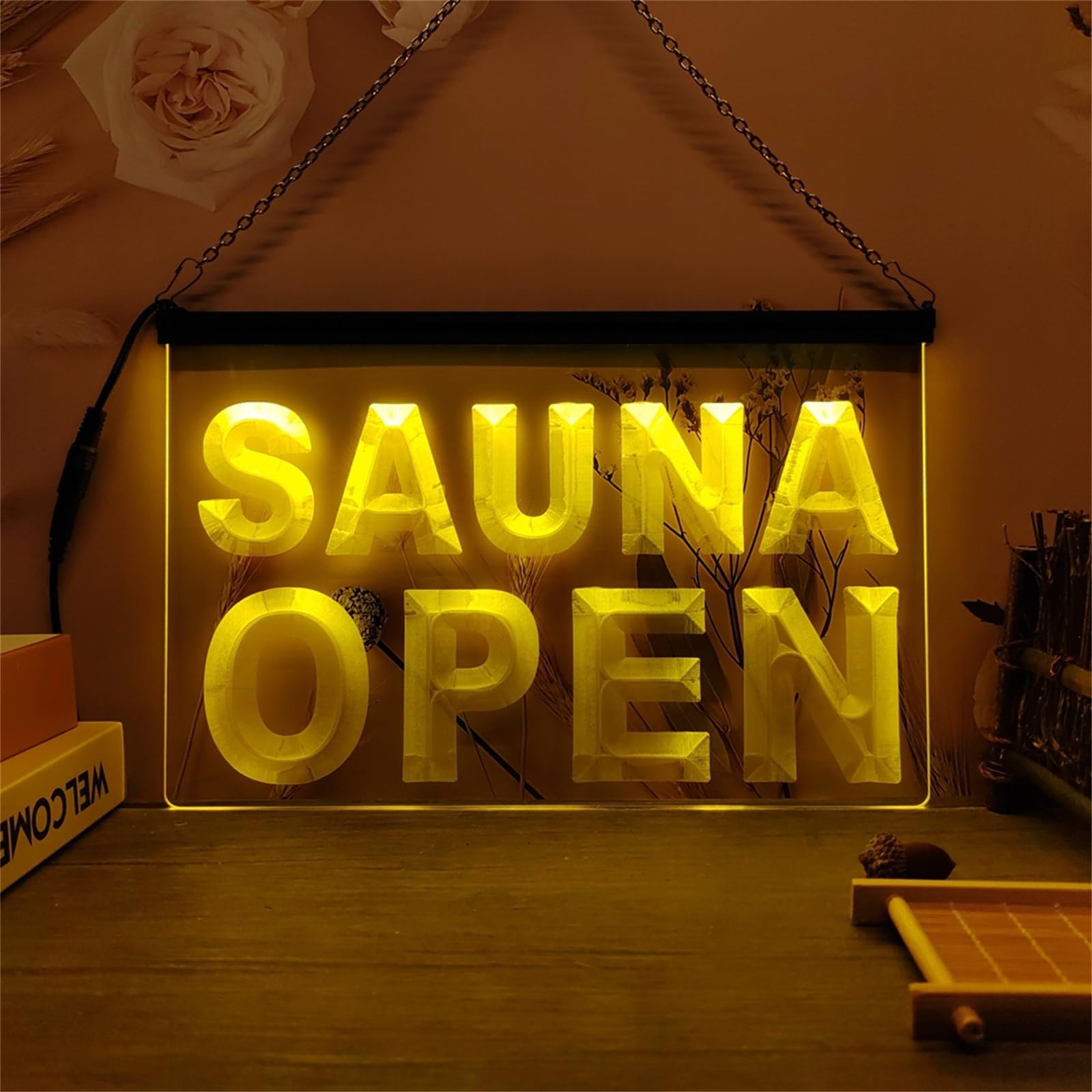 KEYQEEN Sauna Shop LED Neon Sign, Club 3D Carving Neon Lights for Business Room Wall Decor USB Luminous Signs,Yellow,40x30cm