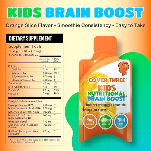 Miniatura 2 de Cover Three Suplemento cerebral para niños, batido líquido Omega 3 para niños, aceite de pescado DHA emocional, salud física, enfoque y atención,