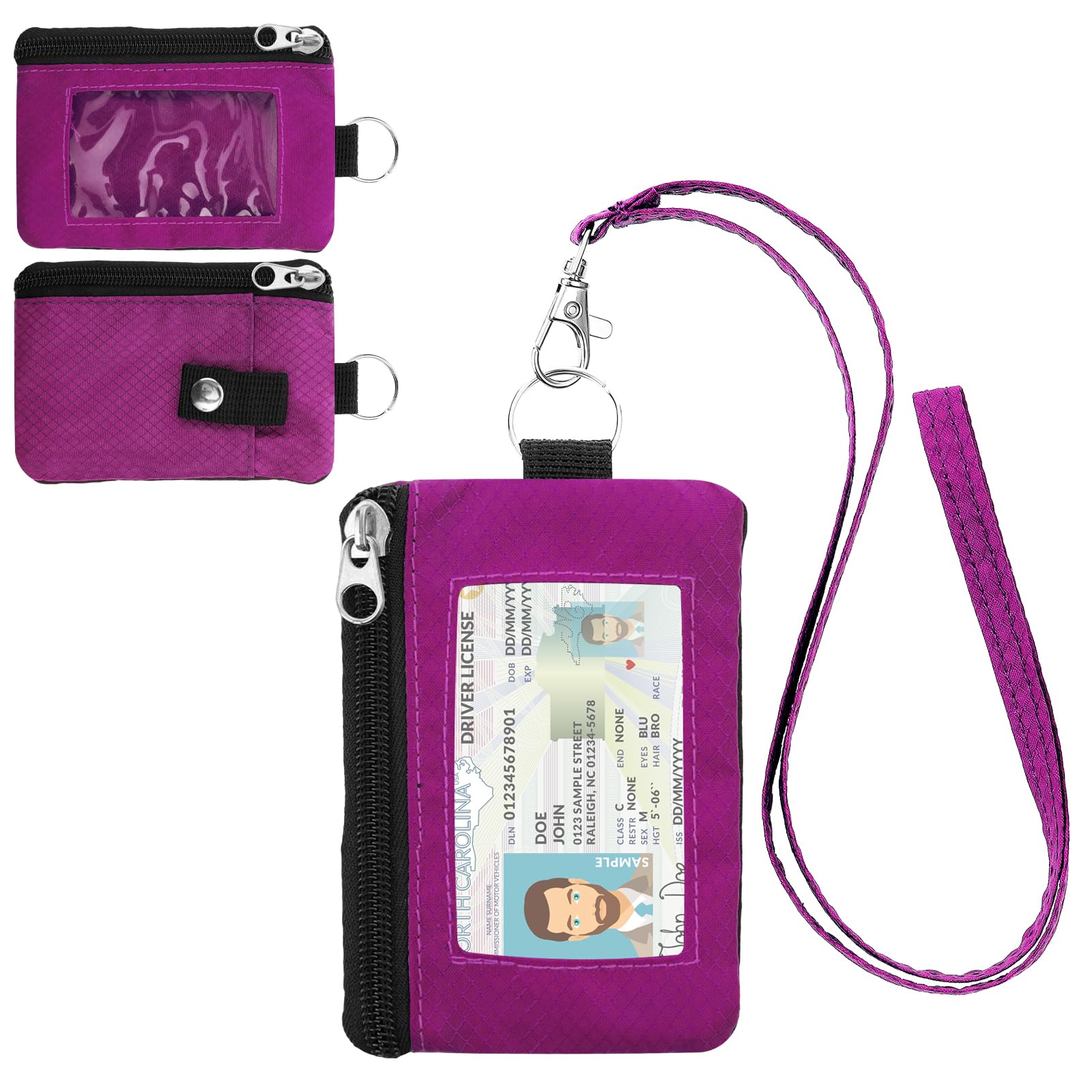 ZHOMA Minimalist RFID Wallet with Lanyard, Multi-Functional ID Case with 2 Zipper Pockets and Key Chain for Men and Women, Tactical Badge Pouch Cards Holder, Coin Purse for Travel Sports - Rose